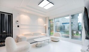 Living area - Domostay/Sagye Beach/Sanbangsan View/Pool Villa/3Queen Beds/2Bathrooms/Heated Pool (Seogwipo)