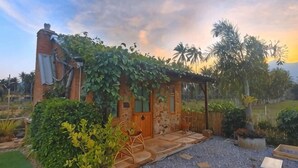 A rustic house with a wooden door, a small porch, and a garden area with plants and a chair.