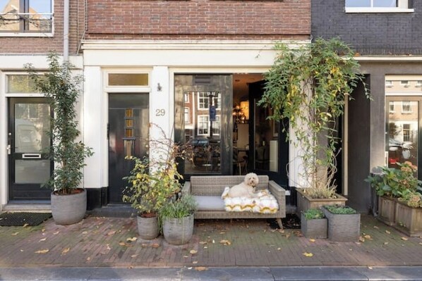 A townhouse with a number 29, a front door, and a dog sitting on a bench outside.