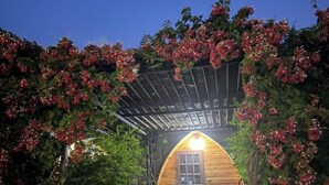 A wooden cabin with a pitched roof, surrounded by a wooden pergola covered with flowering vines. - IUnn Resort (Rayong)