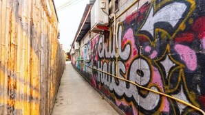 A narrow alley with a graffiti-covered wall and a bamboo fence on one side. - Vang Vieng Chill House (Vang Vieng)