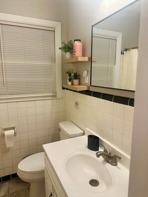 Hair dryer, towels, soap, toilet paper