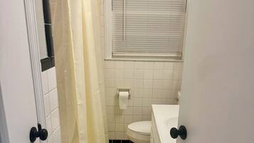 Hair dryer, towels, soap, toilet paper