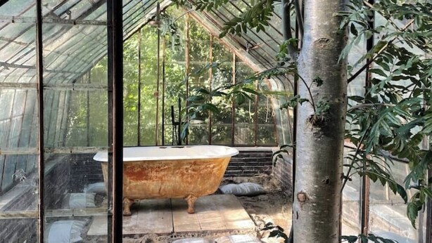 Un invernadero con una bañera, paredes de vidrio y un tronco de árbol.