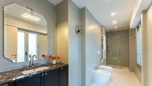 Un bany modern amb un mirall gran, un lavabo amb taulell de marbre, un vàter i una zona de dutxa.