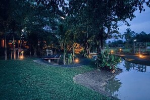 Ein Außenbereich bei Nacht mit einer Bank, einem kleinen Teich und Bäumen.
