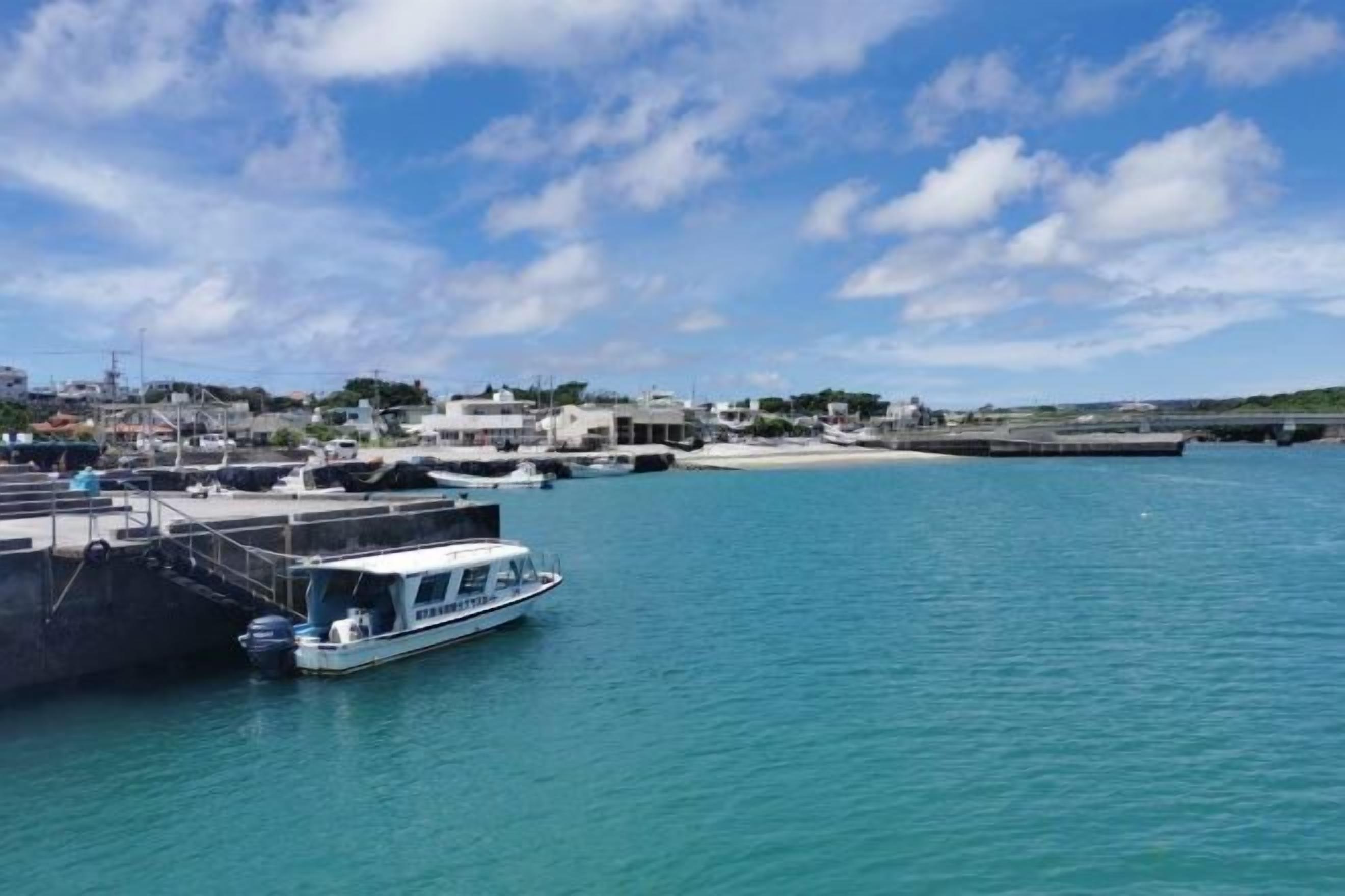 A marina with boats docked, a clear sky, and a distant shoreline with buildings.