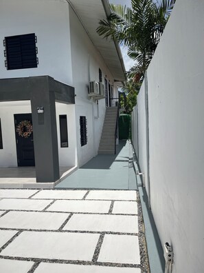 A narrow alleyway with a white building, a staircase, and a palm tree.