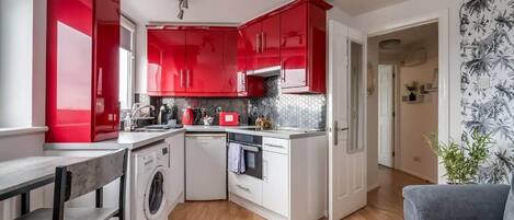 Fridge, microwave, oven, toaster