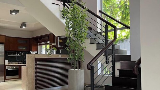 A modern kitchen with a central island, a staircase with a railing, and a large potted plant. - Kim’s House Entire Villa 6-BR Near My Khe Beach (Da Nang)