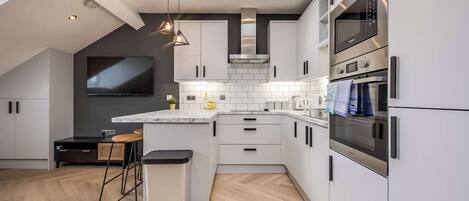 Fridge, microwave, oven, toaster