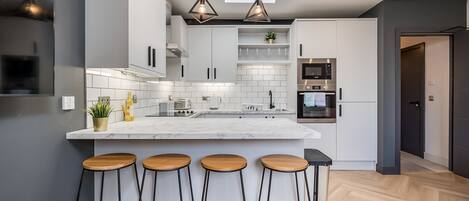 Fridge, microwave, oven, toaster