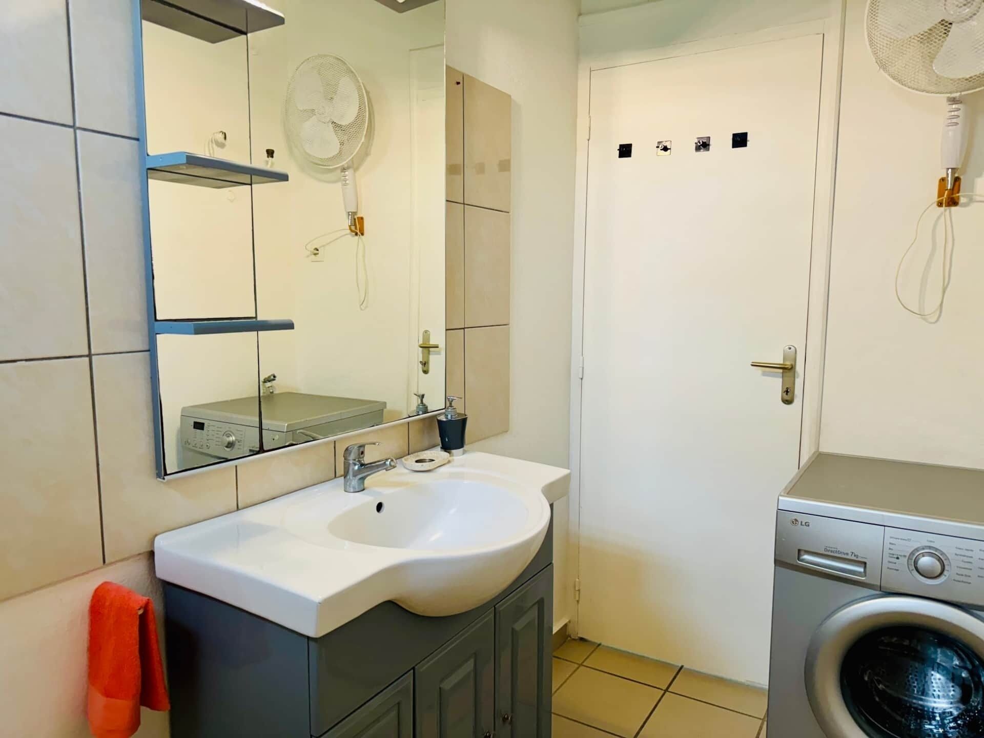 A bathroom with a sink, mirror, and a washing machine.