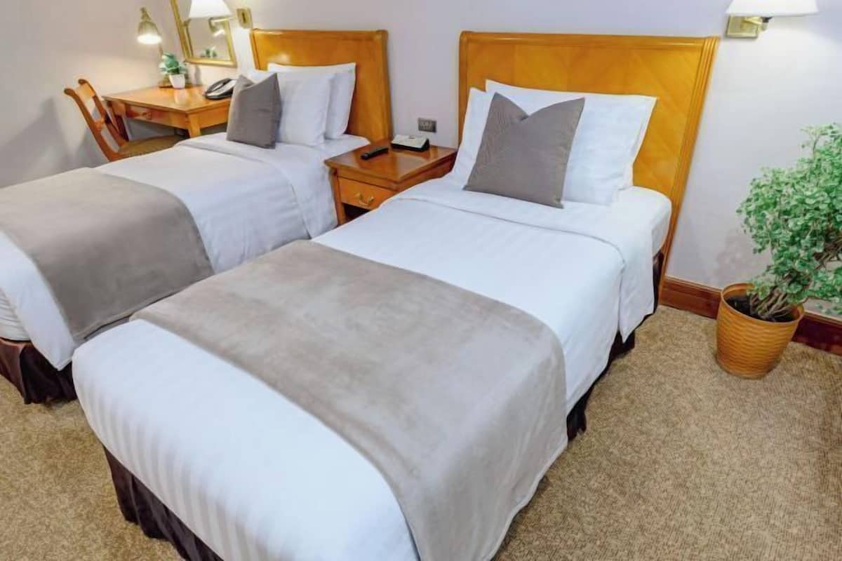 A hotel room with two beds, a desk, a chair, a lamp, and a potted plant.