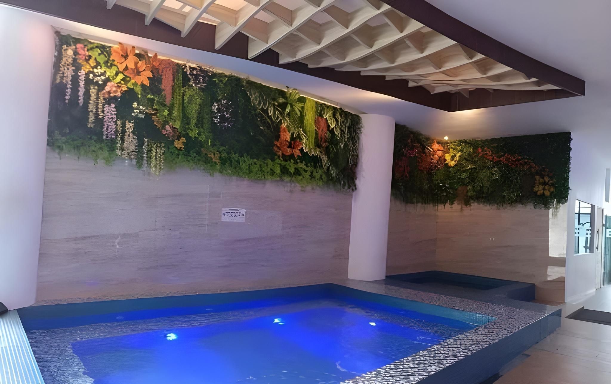 Een wellnessruimte met een bubbelbad, een wand met hangplanten en een plafond met houten details.