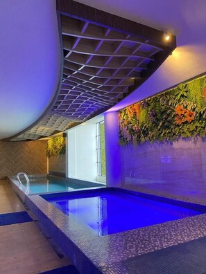 A swimming pool with a curved ceiling and a wall decorated with plants.