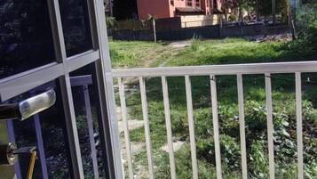 A view through a window with a white metal railing, a door with a handle, and a grassy area with a building in the background.