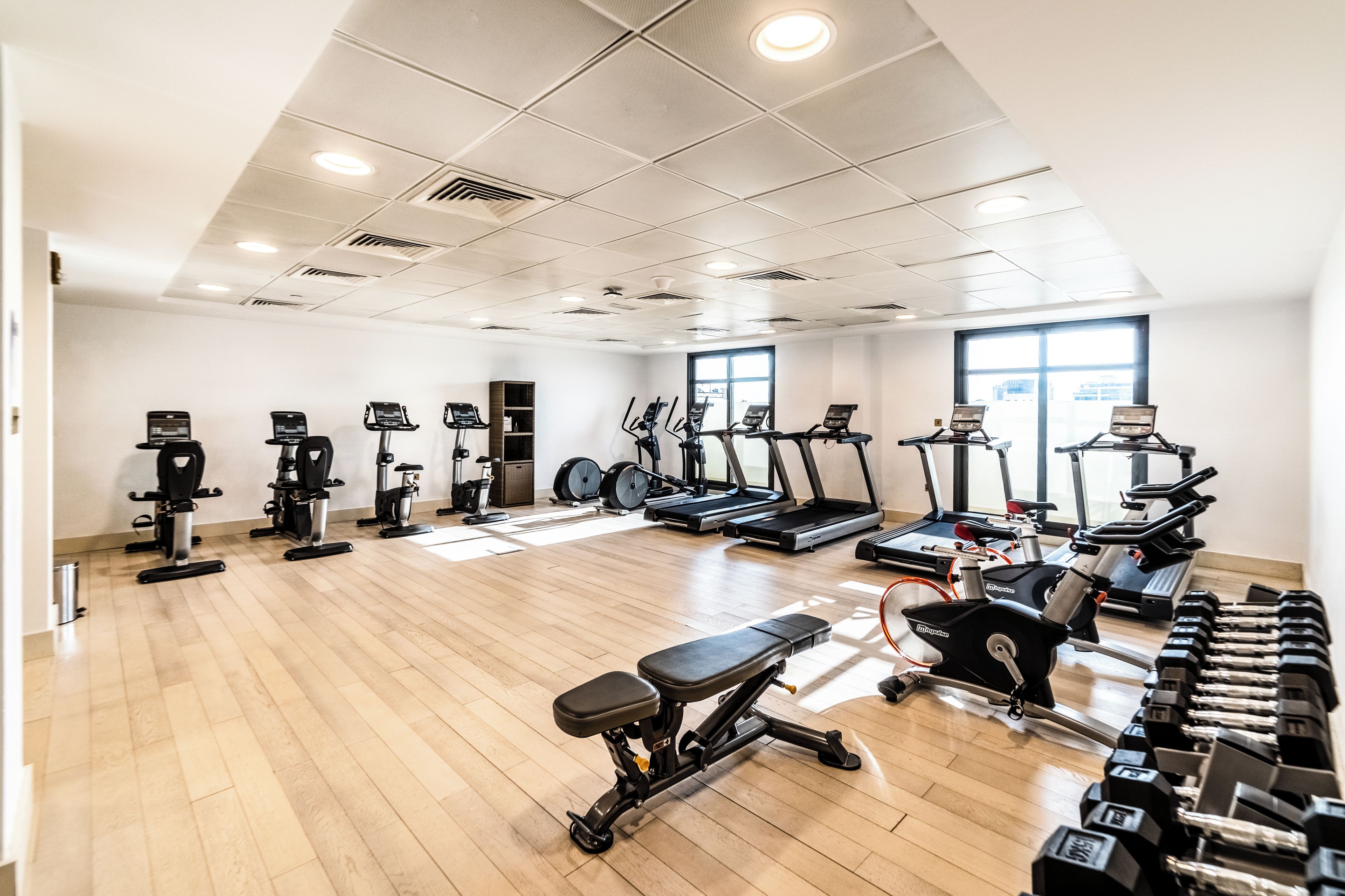 Ein Fitnessstudio mit Laufbändern, Crosstrainern und Kurzhanteln.