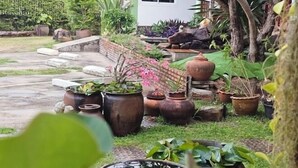 A garden with various potted plants and a small water feature. - Khunnampheung Apartment (Sakon Nakhon)