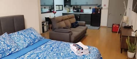 A bedroom with a bed, a sofa, a small kitchenette, and a door.