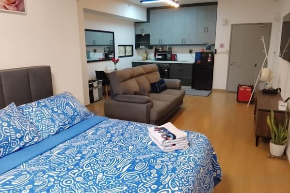 A bedroom with a bed, a sofa, a small kitchenette, and a door.