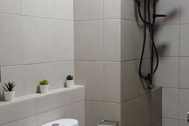 A bathroom with white tiles, a toilet, a shower area, and small potted plants on the wall.