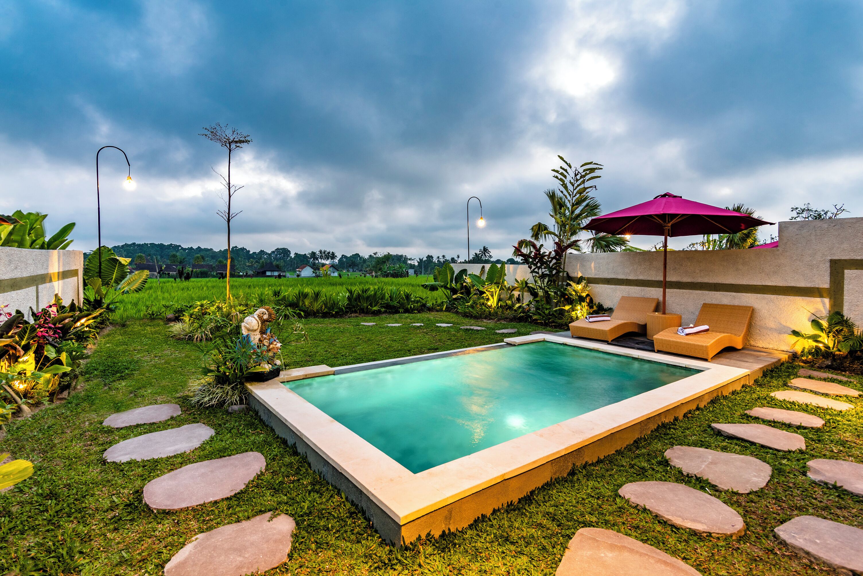 A rectangular pool with a stone border, surrounded by a well-maintained lawn and stepping stones.