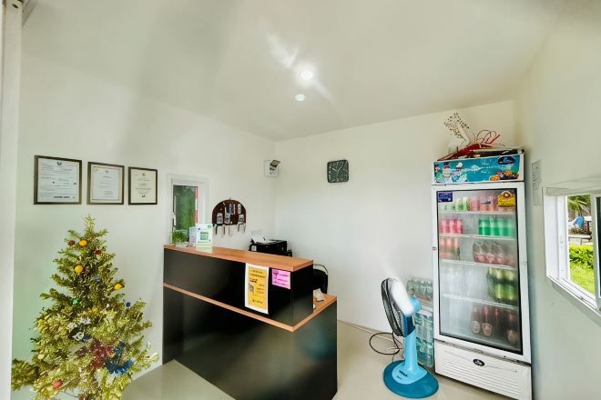 A reception area with a reception desk, a Christmas tree, and a refrigerator.