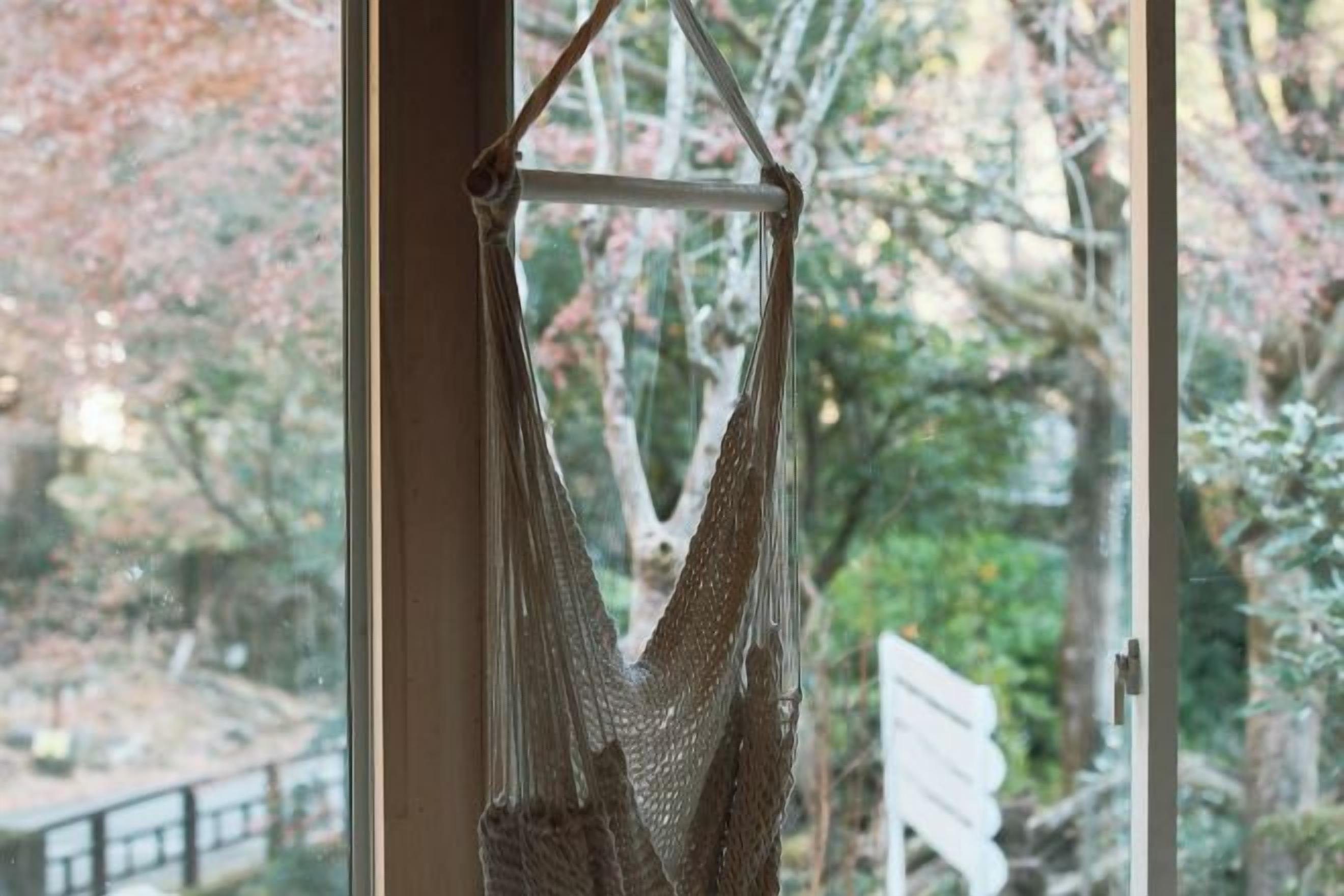 Una hamaca colgada cerca de una ventana con vistas a árboles y una valla.