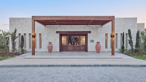 Une entrée d’immeuble avec une façade en pierre, une pergola en bois et de grands vases.