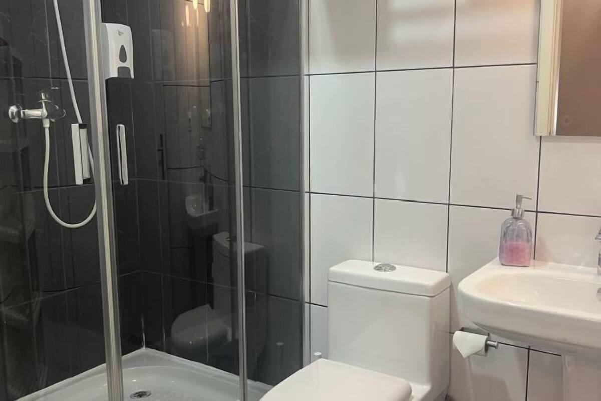 A bathroom with a glass-enclosed shower, a white toilet, and a sink with a soap dispenser.