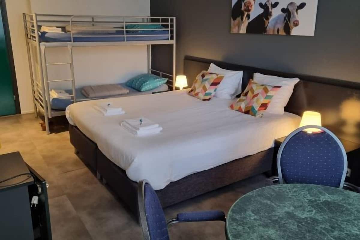 Un lit superposé avec un bureau et une chaise, une table de chevet avec une lampe, et un mur décoré d’une image de vache.