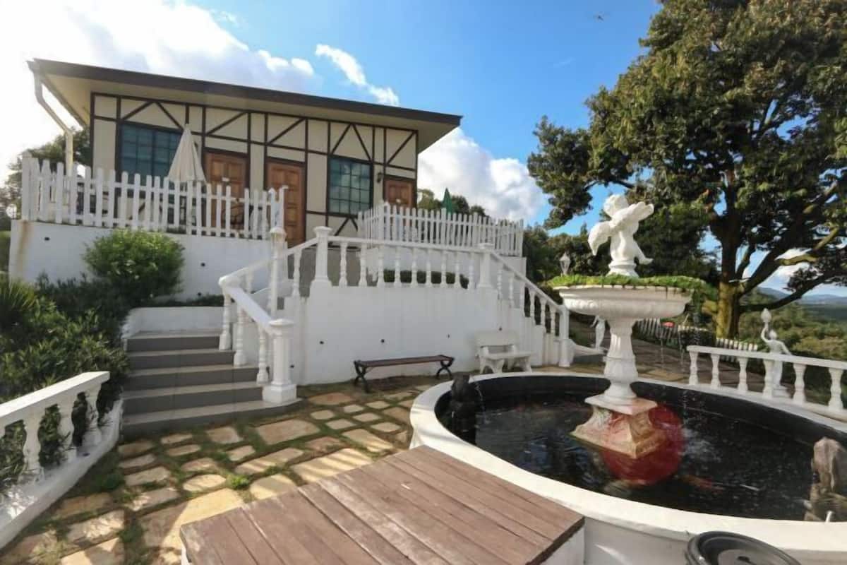 A building with a white fence, a fountain, and a staircase leading to the entrance.