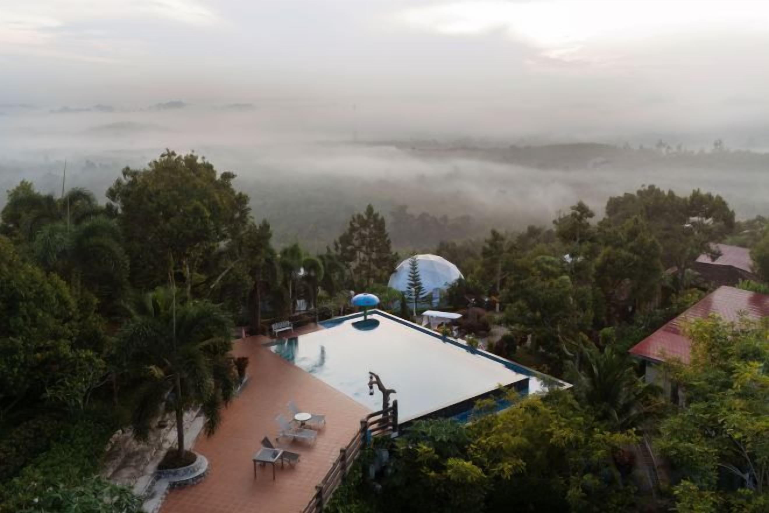 A resort with a swimming pool, lounge chairs, and a view of the surrounding forest and fog.
