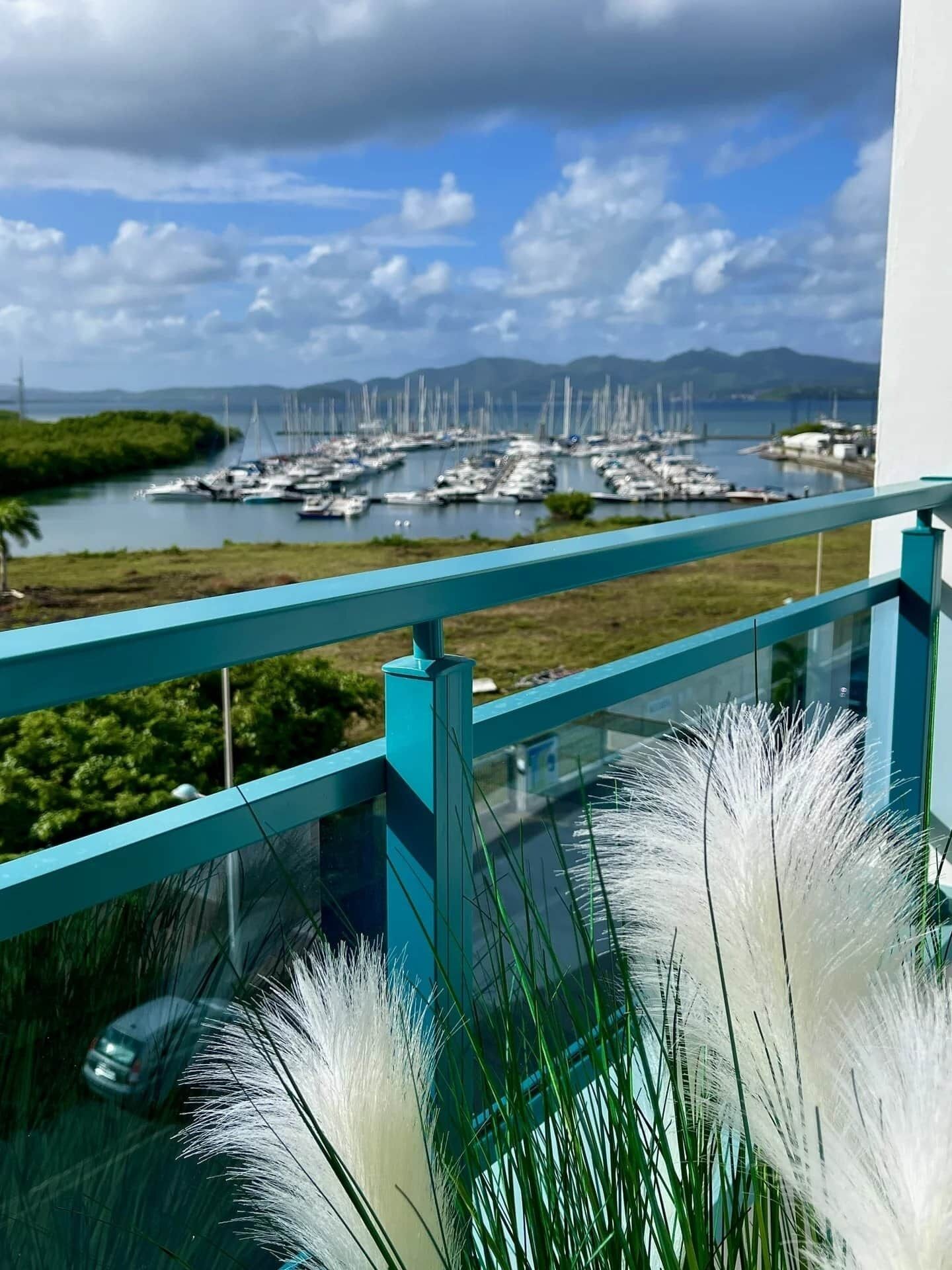 Un balcon avec vue sur un port de plaisance, une balustrade en verre et quelques plantes.