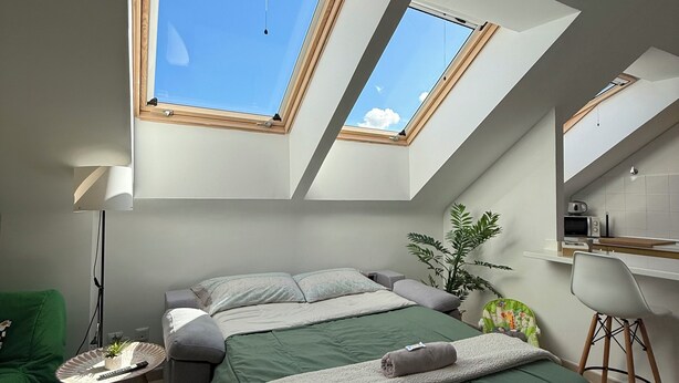 A modern bedroom with a skylight, a green bed, a small table with a plant, and a green chair. - The Attic (Moya)