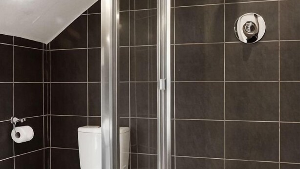 A bathroom with a toilet, a shower enclosure, and a wall-mounted toilet paper holder. - Lincoln House Hotel (Riverside)