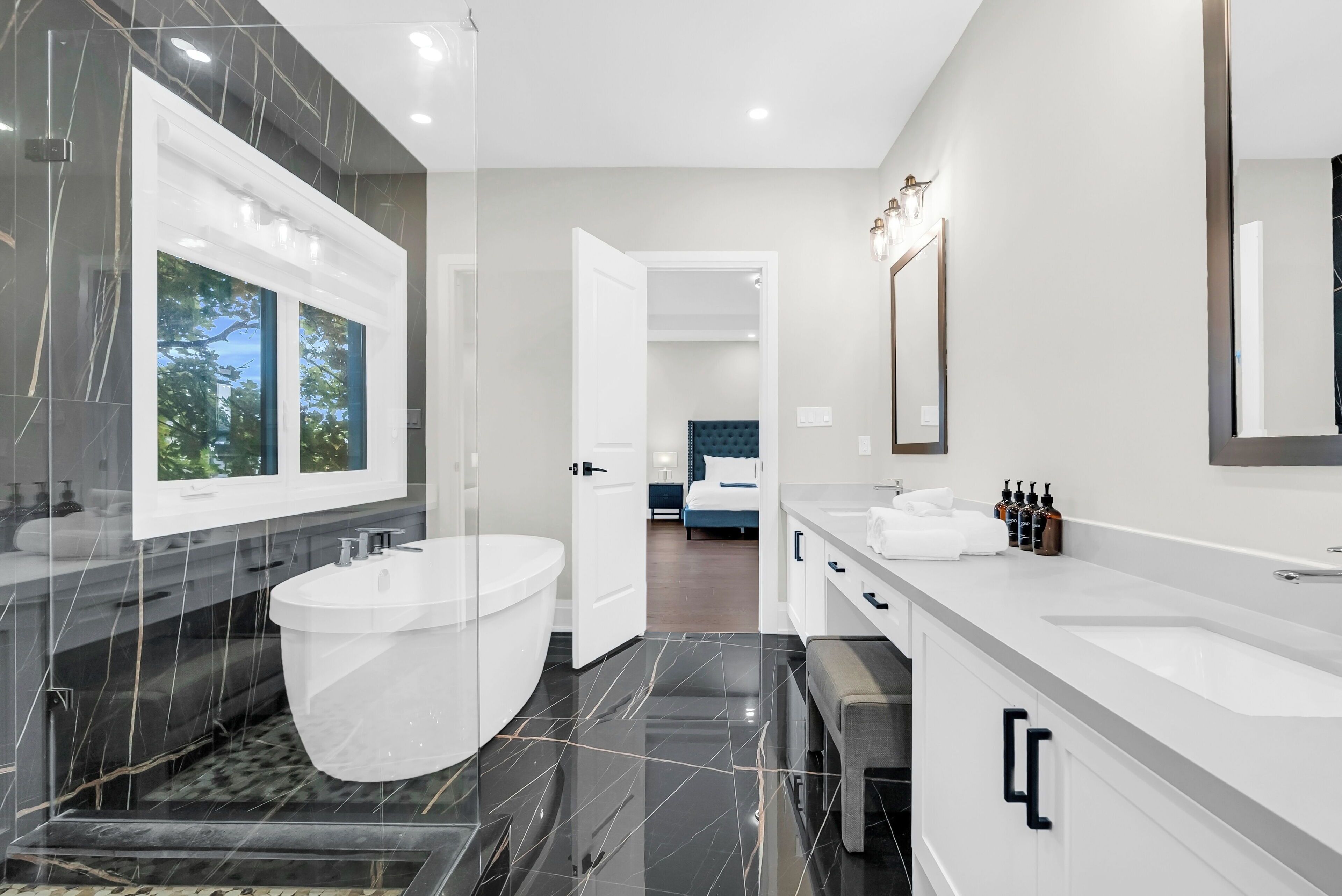 Shower, towels, soap, toilet paper