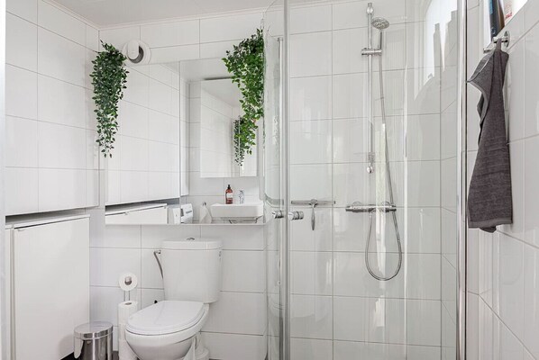 A modern bathroom with a glass shower enclosure, white tiles, a toilet, and a sink with a mirror above.