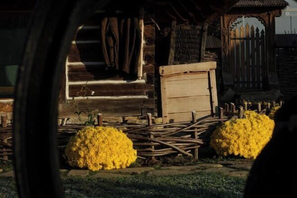 A rustic wooden structure with a wooden door and a fence. - ECHOES OF VLĂDICU (Cluj-Napoca)