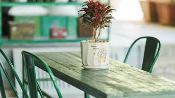 A wooden table with a potted plant on it.