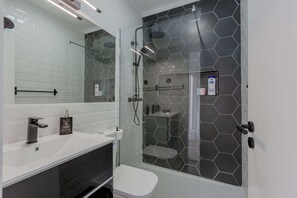 Sèche-cheveux, serviettes fournies, savon, papier toilette