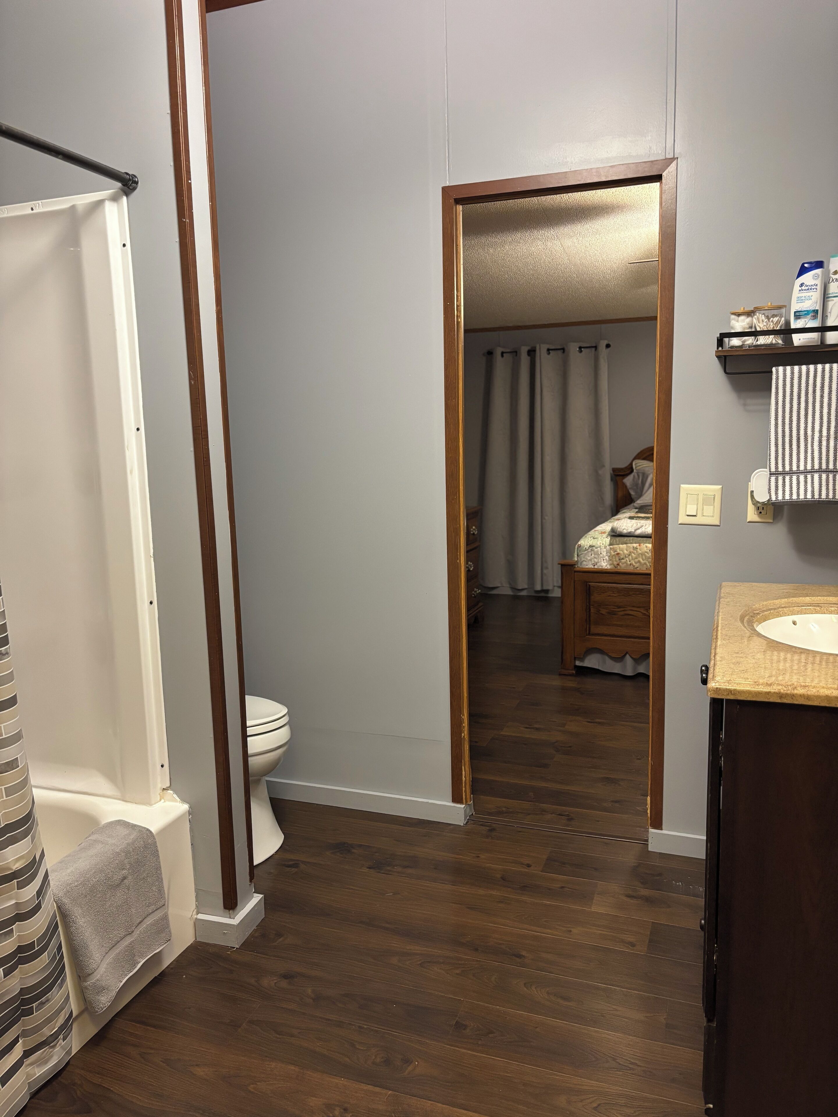 Hair dryer, towels, soap, shampoo