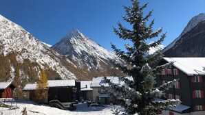 Un village de montagne enneigé, avec des bâtiments traditionnels, un grand pin qui se distingue et un ciel bleu dégagé.