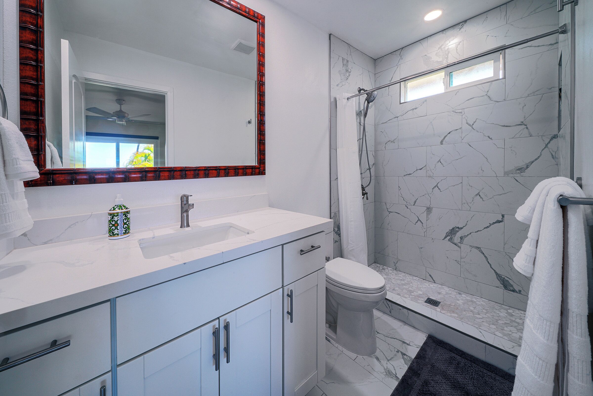 Hair dryer, towels, soap, toilet paper