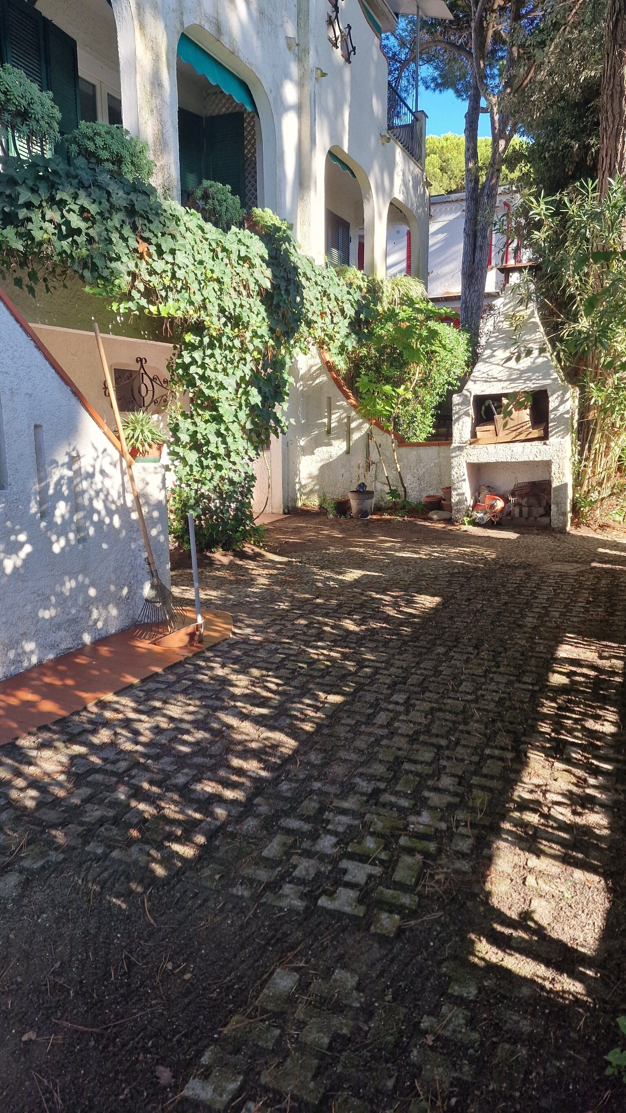 Een binnenplaats met een geplaveid pad, een kleine tuin met potplanten, en een wit gebouw met groene luiken.