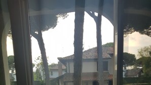 Vista a través de un ventanal de un edificio con tejado de tejas, cerca de una valla de madera y árboles.