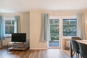 A room with a TV on a stand, a dining table with chairs, and two windows with curtains.