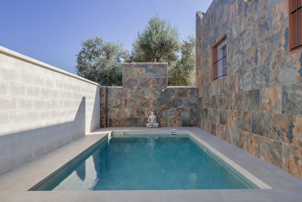 A swimming pool with a Buddha statue, surrounded by stone walls and trees.