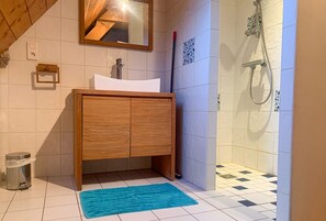 Shower, hair dryer, soap, toilet paper